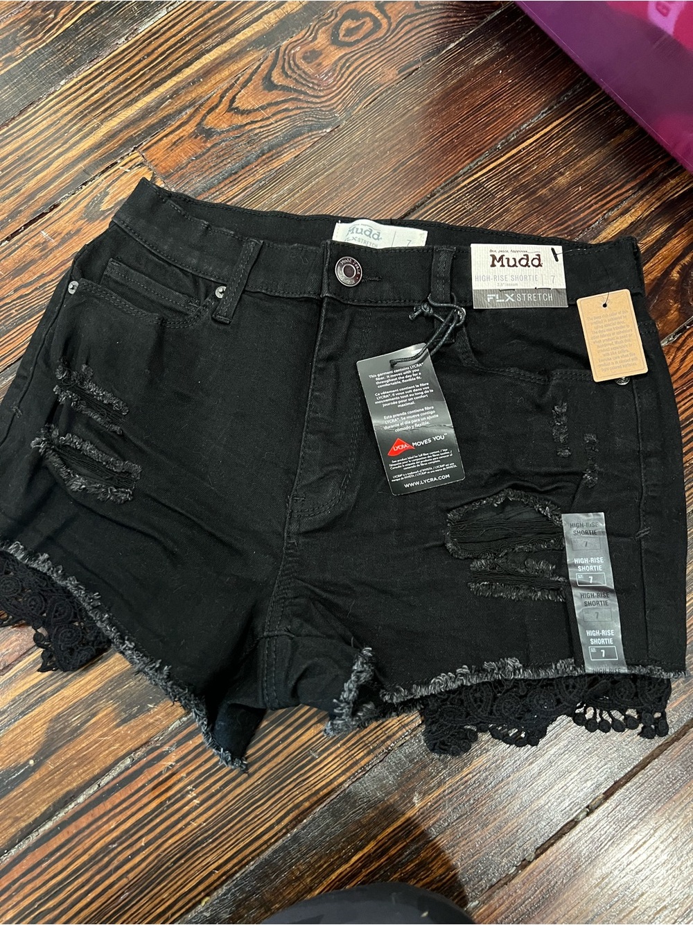 Mudd Black High-Rise Distressed Crochet Trim Jean Shorts